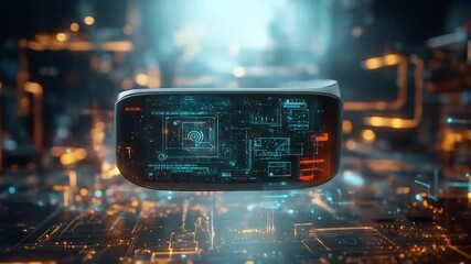 A futuristic VR headset displays a data interface floating above a glowing, digital circuit board. The background is blurred with light flares - Powered by Adobe