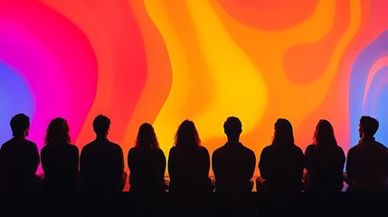 Silhouette of People Watching Abstract Colorful Background Together in the Dark