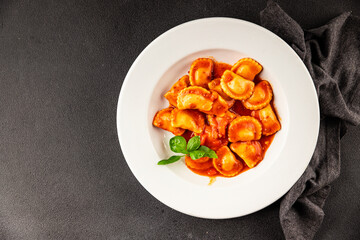 Ravioli beef tomato sauce second course fresh delicious gourmet food background on the table rustic food top view copy space