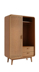 3D Illustration of Modern Wooden Wardrobe with Open Door and Drawers on Transparent Background