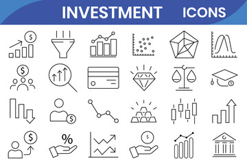 Investment line icon set. Investment, Profit, Asset, Investor, Portfolio, Dividend, Capital, Risk, Inflation icons vector