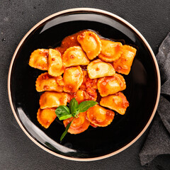Ravioli beef tomato sauce second course fresh delicious gourmet food background on the table rustic food top view copy space