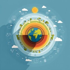 Fototapeta premium Poster concept for World Ozone Day, Earth in center with atmospheric layers and eco-icons surrounding, flat design style