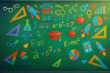 Colorful math and science doodles on green chalkboard background with school symbols like rockets, formulas, and graduation caps in modern style.