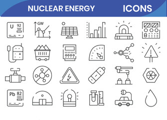 Nuclear energy  icon set. Set of nuclear power plant.Containing radioactive, nuclear plant, atom, nuclear bomb, hazard, radiation, atomic energy and more. Line vector icons collection.