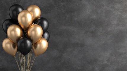 A cluster of black and gold balloons against a dark textured background