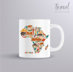 Colorful vector of African map made from cultural and natural symbols on ceramic mug mockup. Great for travel, souvenirs, and print design