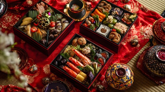 Birds eye shot of traditional osechi ryori New Years food tiered jubako box presented red silk cloth festive decoration golden accent tatami mat background soft ambient lighting enhances cultural