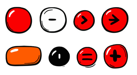 Fairy tale, navigation buttons, arrows, attention signs, isolates, vector graphics, colored icons for children, white background, Red World style.   Editable line icons. Vector illustration.