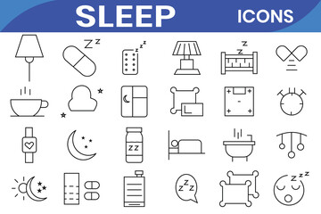 Sleep line icon set. Sleeping person, sleep, night rest, bed, pillow, sleeping pills, earplugs, moon, lullaby, bedtime story and more. Vector pictogram collection.