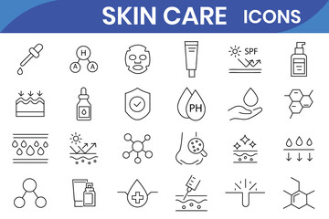 Skin care line icons set. Moisture cream, acid, anti wrinkle serum, ceramide, collagen, retinol compound, sunscreen vector illustration. Outline signs for skincare products property.