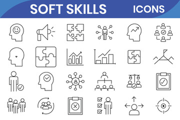 Soft skills line icon set – Includes communication, teamwork, leadership, creativity and adaptability.  Vector illustration.