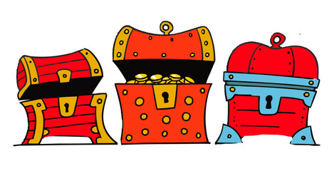 Fairy tale, chests of gold, isolates, vector graphics, colored icons for children, white background, Red World style.   Editable line icons. Vector illustration.