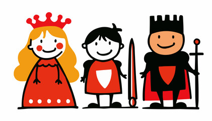 Fairy tale, princess, knight, isolates, vector graphics, colored icons for children, white background, Red World style. Editable line icons. Vector illustration.