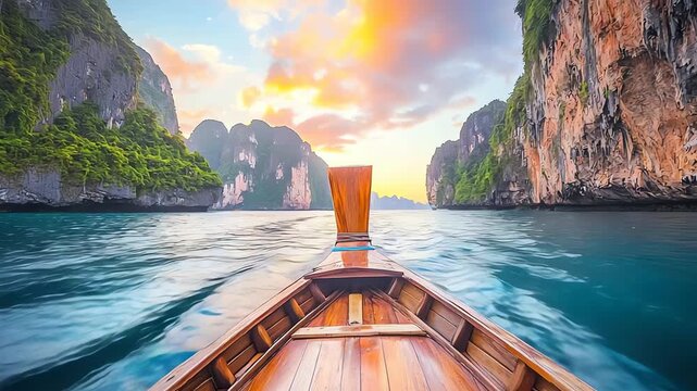 Longtail boat trip through tropical paradise island at sunset in Thailand, Krabi Phi Phi Islands