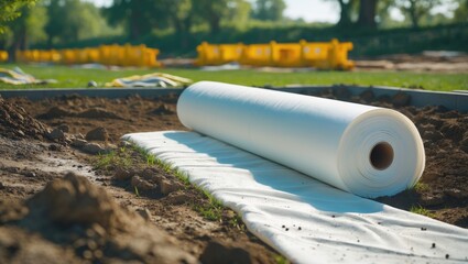 Roll of geotextile fabric placed on soil for construction or landscaping, with a background of yellow machinery. Geosynthetic material for reinforcement and separation.