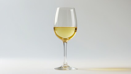 A glass of white wine on a plain background.