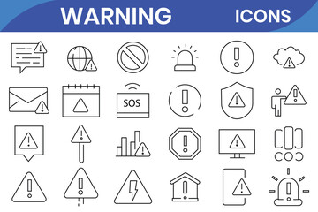 Warning icon set. Containing alert, caution, danger, error, hazard, notification, attention sign, exclamation mark, stop, notice and more. Vector illustration.