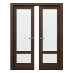 3D Illustration of Double Brown Wooden Door with Glass Panels on Transparent Background
