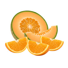 3D Illustration of Fresh Cantaloupe and Orange Slices