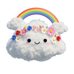 3D Illustration of Cute Cloud with Rainbow and Flower Crown