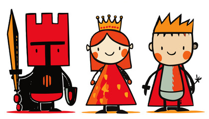 Fairy tale, princess, knight, isolates, vector graphics, colored icons for children, white background, Red World style. Editable line icons. Vector illustration.