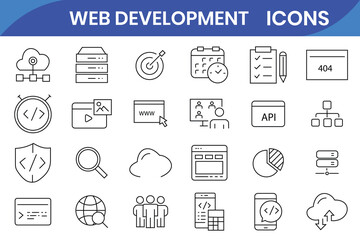 Web development set of web icons in line style. Developer icons for web and mobile app. Code, api, programmer coding, app, flow, node connect, web coder, bug fix and more. Vector line icons
