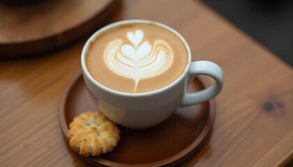  Flat White Coffee on Wooden Coaster with Biscuit