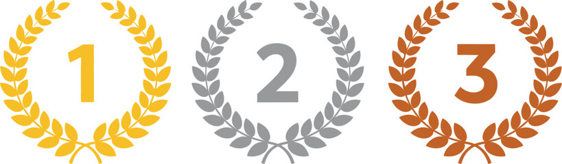 Laurel Award Icon Set – Gold, Silver, and Bronze Wreaths with 1, 2, 3 Rankings for Leaderboards, Badges, and Achievement UI © Fahad