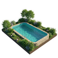 3D Illustration of Isometric Swimming Pool Surrounded By Lush Greenery