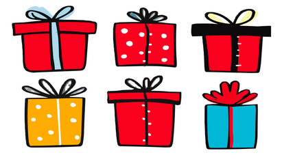 Fairy tale, boxes with gifts, isolates, vector graphics, colored icons for children, white background, Red World style. Editable line icons. Vector illustration.