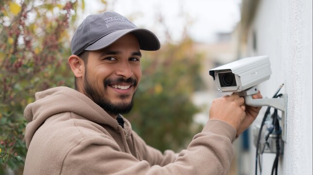 Man installs security camera outdoors while smiling in a residential area during daylight hours
