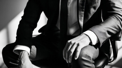 Cropped black-and-white portrait of a man in a tailored suit sitting with confident posture, highlighting texture, hands, and formality under dramatic light and shadow. Timeless and assertive. ai gene