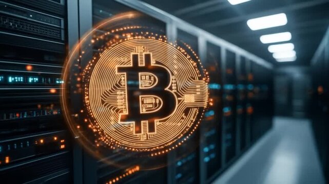 A glowing crypto coin graphic overlaid onto a server room hallway, suggesting digital currency within a data center - Powered by Adobe
