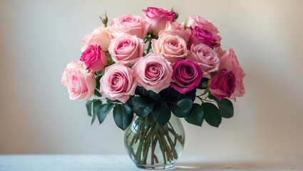 A bouquet of pink, purple, and cream roses arranged in a glass vase.