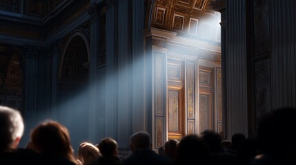 Visitors admire the stunning architecture and light beams at a historic location during a serene moment