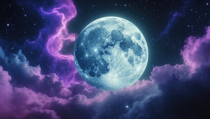 Obraz premium Full moon in space with purple lightning and clouds, celestial scene, cosmic environment.