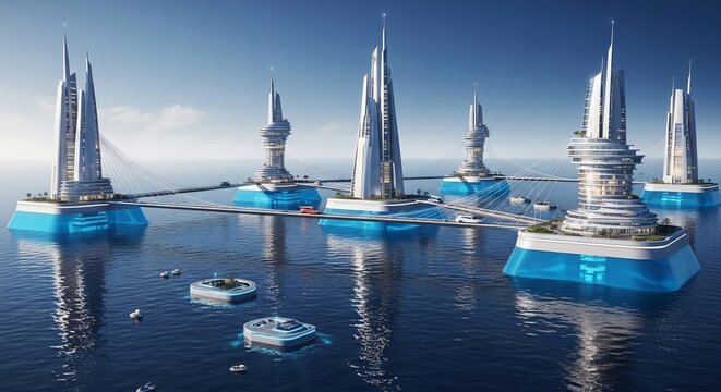 Futuristic floating city with interconnected towers and platforms on a calm blue ocean under a clear sky.