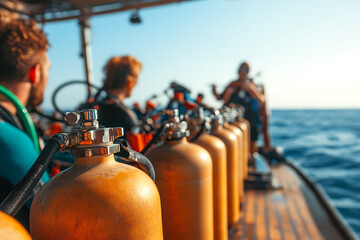 Scuba diving preparation: Tanks ready for divers on boat. Gear check for underwater exploration. Safety first on the open sea adventure. Ready for the plunge?