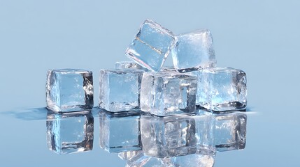 Obraz premium Ice cubes stacked on reflective surface against light blue backdrop