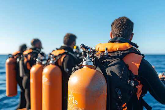 Scuba divers getting ready for underwater exploration. Orange tanks lined up on boat, blue sea. Adventure awaits beneath the surface! Gear up & dive in!