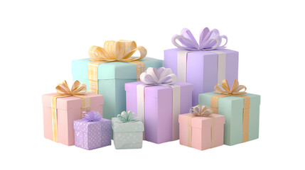 A festive collection of colorful gift boxes with ribbons isolated on transparent background