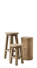 3D Illustration of Two Rustic Wooden Stools and a Log on Transparent Background