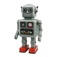 3D Illustration of Vintage Gray Robot with Red Feet on Transparent Background