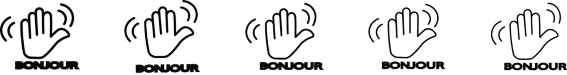 Bonjour text with hand wave icon Black and white thin flat outline style vector sign © MDParveg
