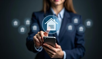 Businesswoman interacting with digital home icons using a smartphone