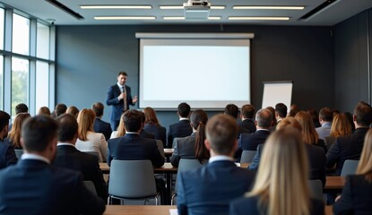 Businessman presenting to a large audience in a modern conference room