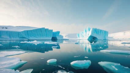 Fototapeta premium Icebergs and floating ice in arctic waters with snow-covered landscape, cold climate, and clear sky.