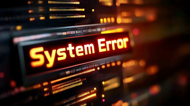 System Error: A stark digital display of the words System Error casts a sense of foreboding, its fiery glow and abstract data stream creating a sense of urgent information on technical malfunctions.