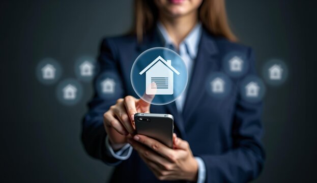 Businesswoman interacting with digital home icons using a smartphone